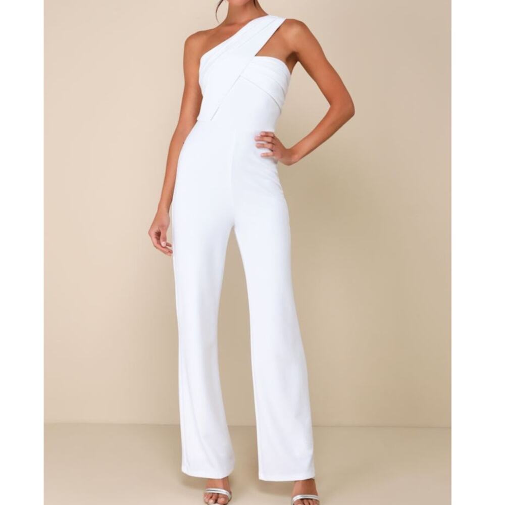Lulus NWOT Devoted To Fun Ivory One-Shoulder Stretchy Sleeveless Jumpsuit XL